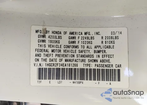2014 Honda Accord Lx from USA, damaged, VIN 1HGCR2F34EA181266